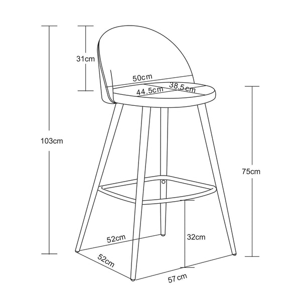 Decofurn Furniture | MADDIE_VELVET_BARSTOOL | Dimensions