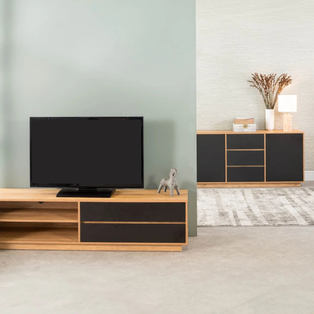 CENTO 180cm 2 DRAWER TV/PLASMA UNIT-WILD OAK/BLACK