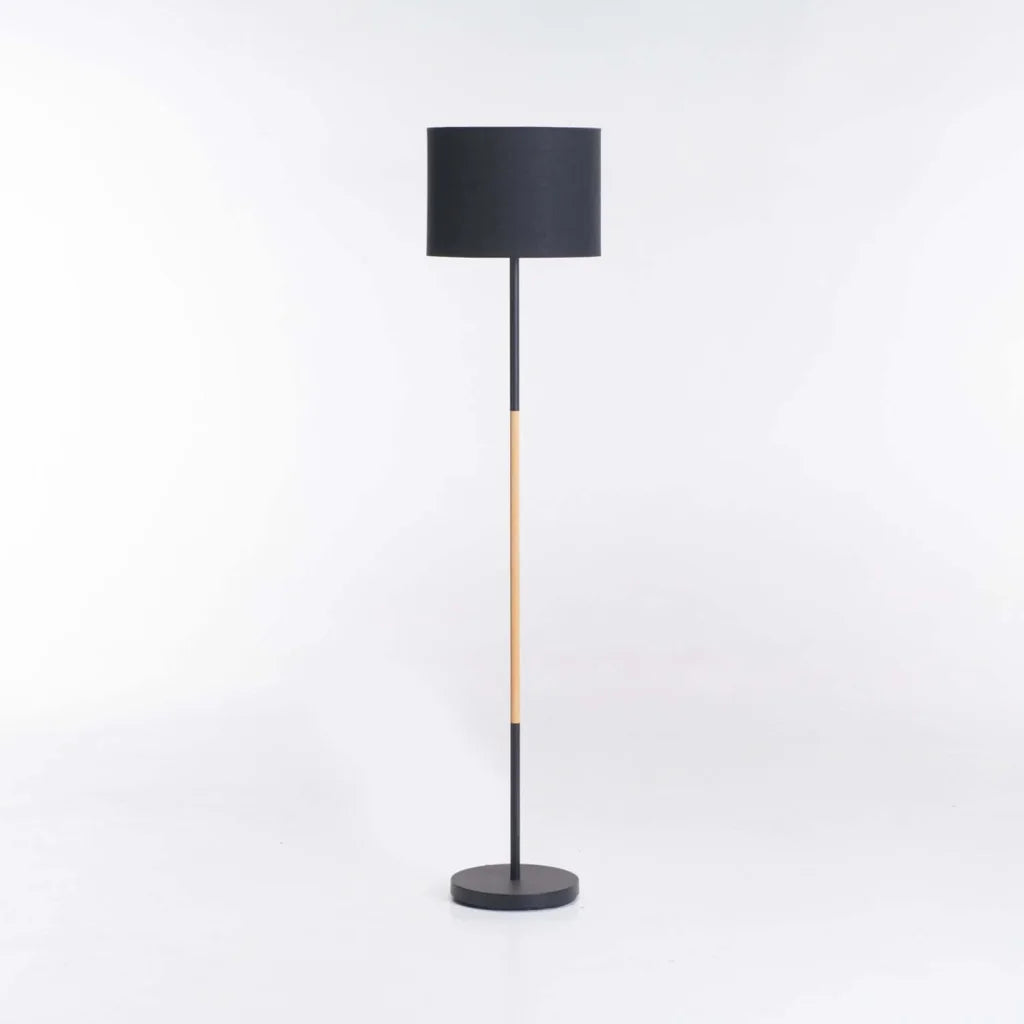 LAMP FLOOR-BLACK+WOOD-BLACK FABRIC SHADE 150cm H