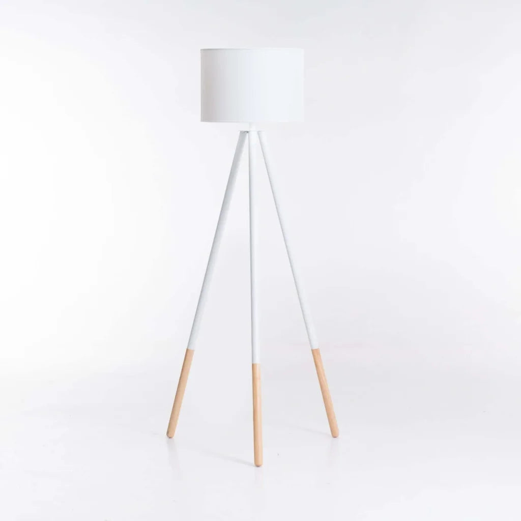 LAMP FLOOR-WOODEN TRIPOD-WHITE FABRIC SHADE 156cm