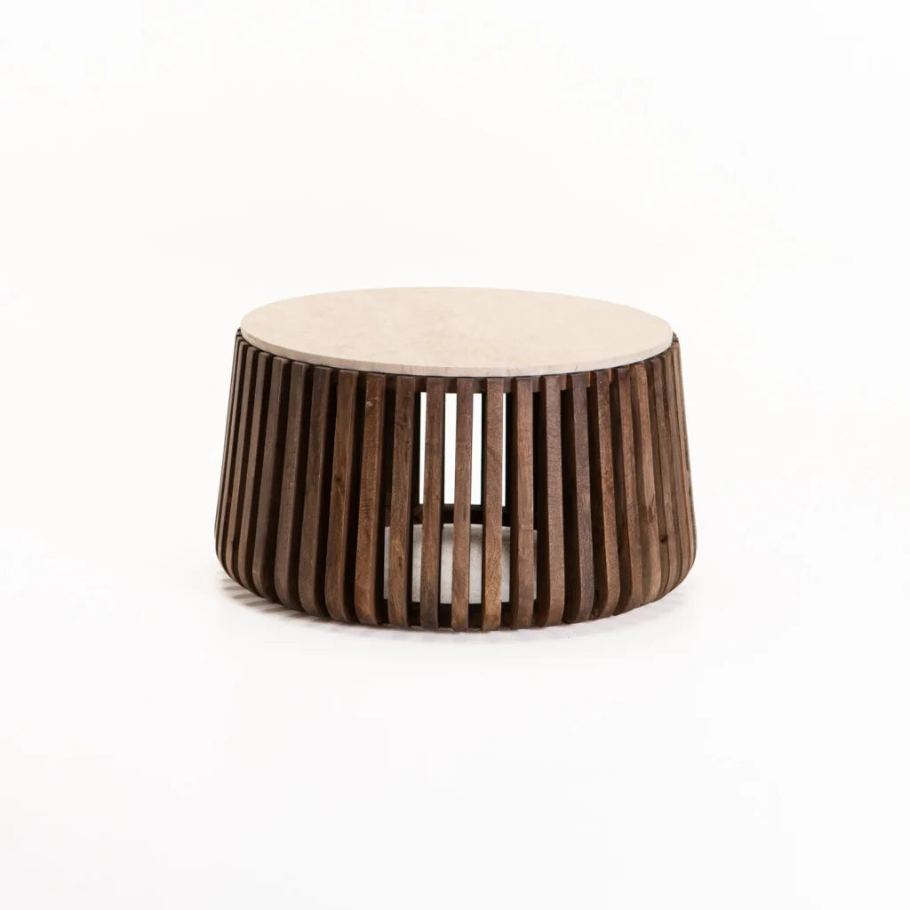 SARI ROUND TRAVERTINE TOP SOLID WOOD COFFEE TABLE