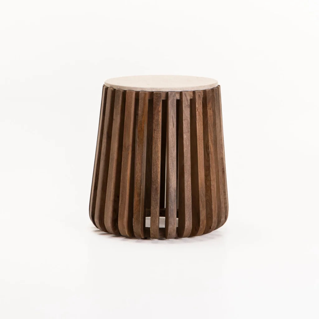 SARI ROUND TRAVERTINE TOP SOLID WOOD SIDE TABLE