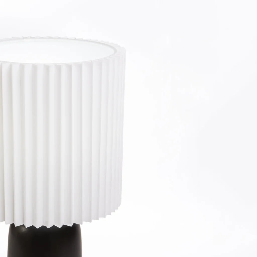 TABLE LAMP BLACK CYLINDER BASE PLEATED WHITE SHADE