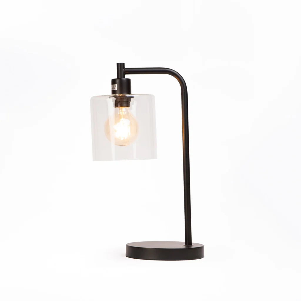 TABLE LAMP BLACK METAL BASE HALO GLASS SHADE