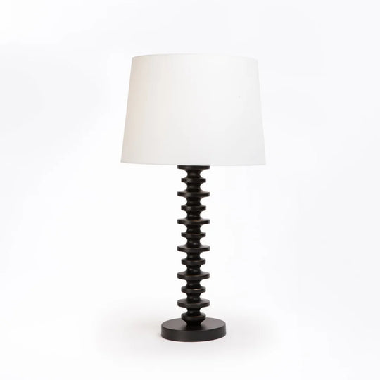 TABLE LAMP STACKED BLACK BASE WHITE FABRIC SHADE