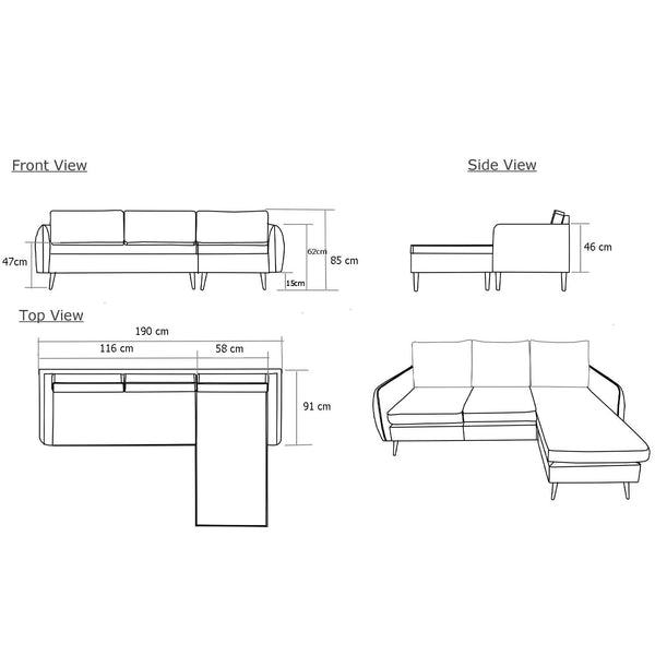 Decofurn Furniture | ELLA_VELVET_CORNER_CHAISE | Dimensions