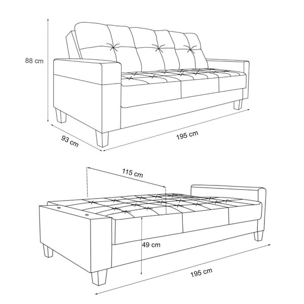 Decofurn Furniture | MOLLY_FABRIC_SLEEPER_COUCH | Dimensions