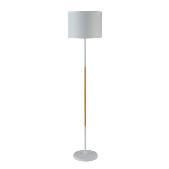 FLOOR LAMP WHITE+WOOD WHITE FABRIC SHADE 150cm H