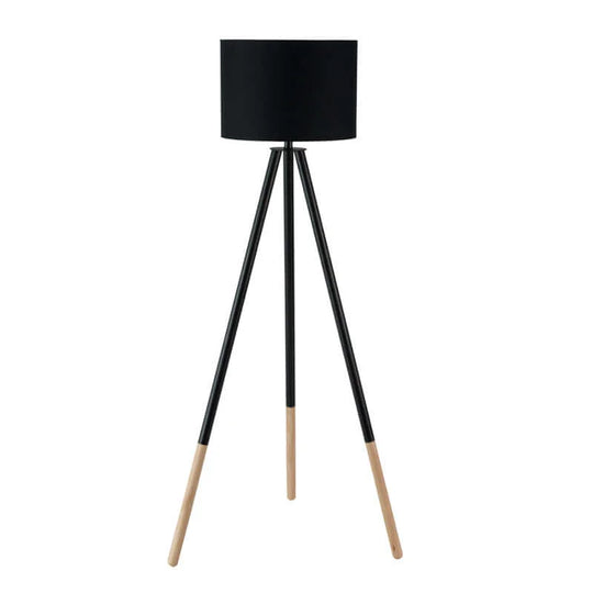 FLOOR LAMP WOODEN TRIPOD BLACK FABRIC SHADE 156cm