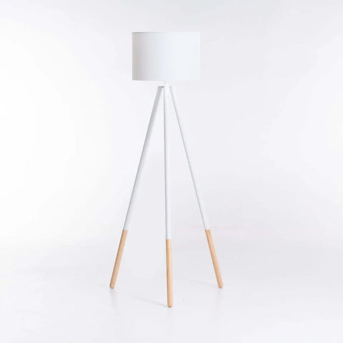 LAMP FLOOR-WOODEN TRIPOD-WHITE FABRIC SHADE 156cm