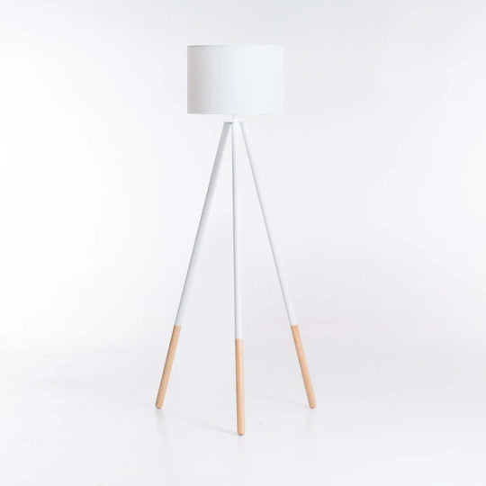 FLOOR LAMP WOODEN TRIPOD WHITE FABRIC SHADE 156cm