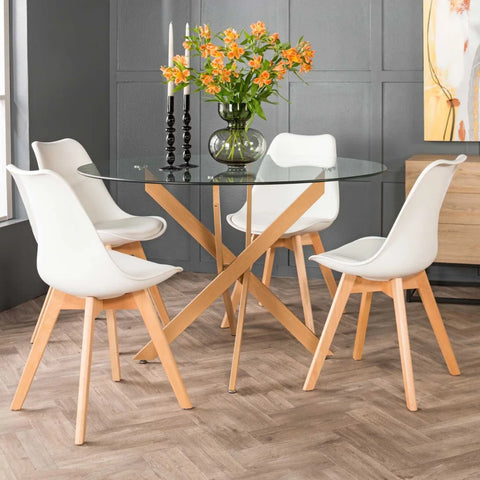 LEN 120cm ROUND 10mm GLASS TOP DINING TABLE- Beech / 120Ø cm (4-6 Seater)