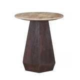 RANI 45cm ROUND TRAVERTINE & SOLID WOOD SIDE TABLE