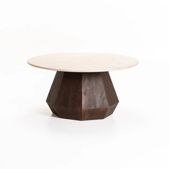 RANI 80cm ROUND TRAVERTINE & SOLID WOOD COFFEE TABLE