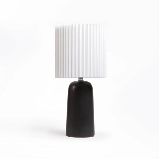 TABLE LAMP BLACK CYLINDER BASE PLEATED WHITE SHADE
