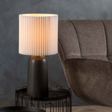 TABLE LAMP BLACK CYLINDER BASE PLEATED WHITE SHADE