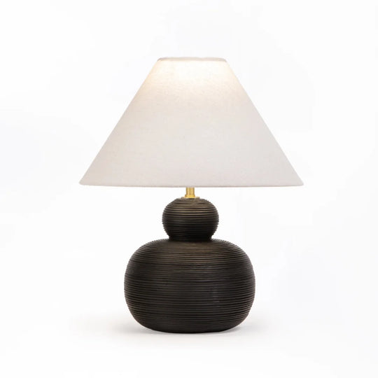 TABLE LAMP BLACK PEBBLE BASE WHITE FABRIC SHADE