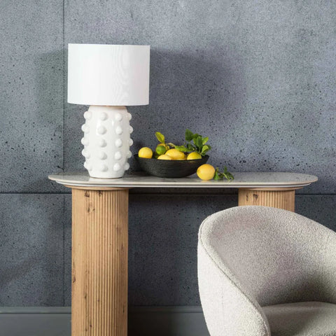 TABLE LAMP WHITE DOTTED BASE WHITE FABRIC SHADE