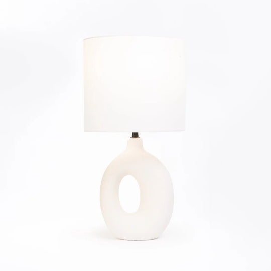 TABLE LAMP WHITE OVAL BASE WHITE FABRIC SHADE