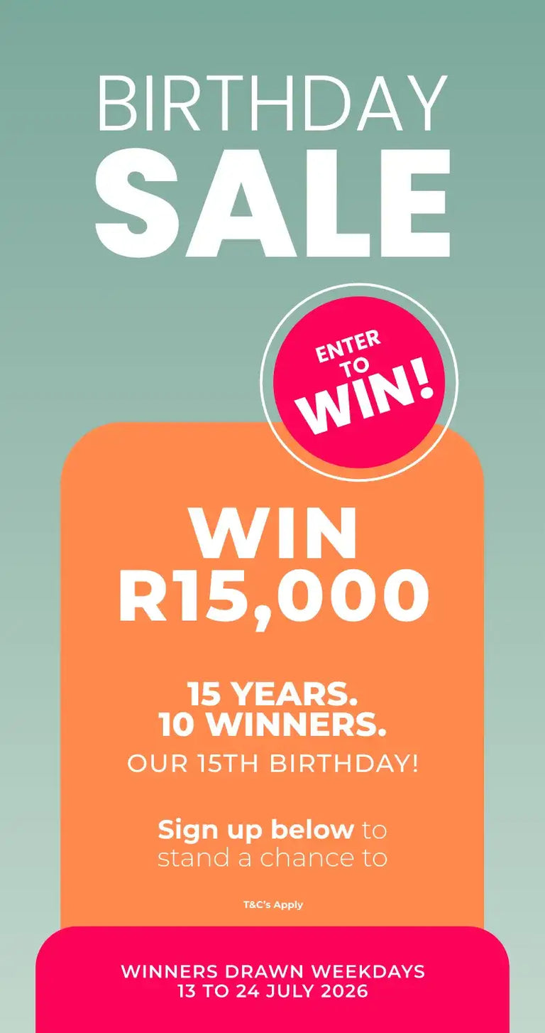 Orange rectangular banner with white text advertising a birthday sale and r15,000 prize.